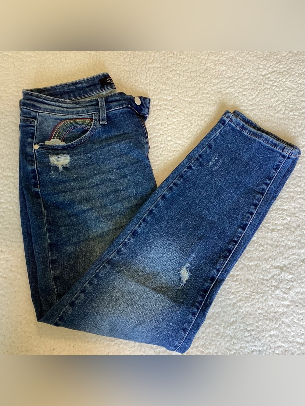 Judy Blue 13/31 Straight Leg Distressed Rainbow Jeans Boho Western Cowgirl